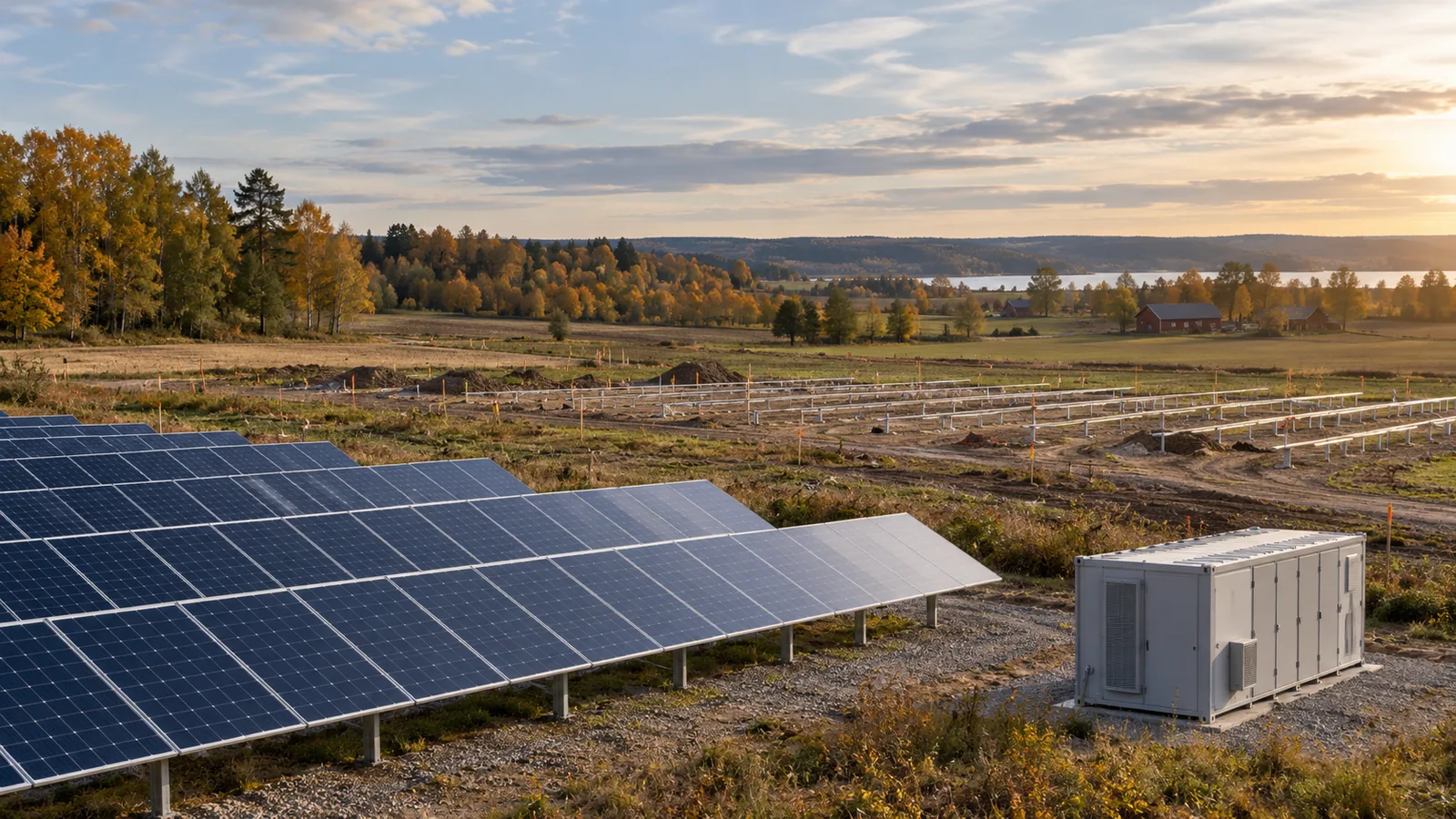Fiktiv solpark i svensk höstmiljö med paneler, ett mindre batteriskåp och påbörjade montagerader.