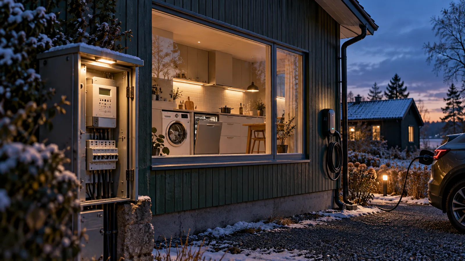 Snötäckt villa i skymning med elmätarskåp, hushållsapparater och elbilsladdare.