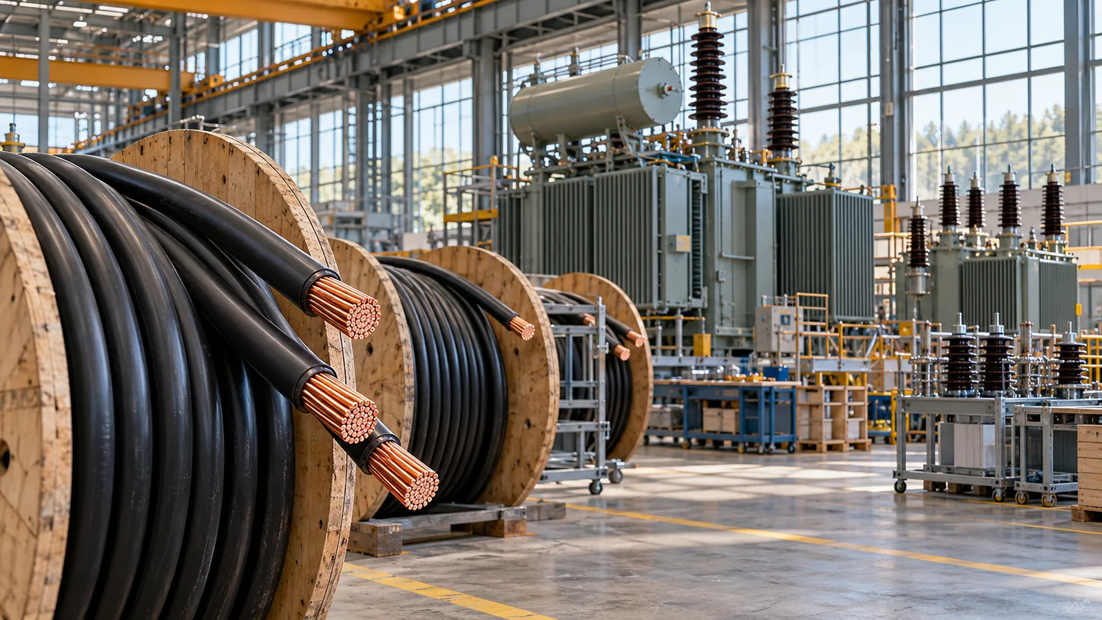 Illustration av kabeltrummor och elnätsutrustning i en tillverkningshall.