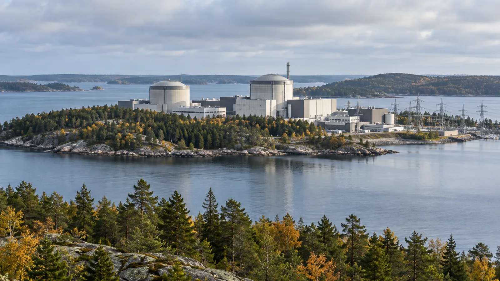 Illustration av ett fiktivt kärnkraftverk vid en skogsklädd kust.