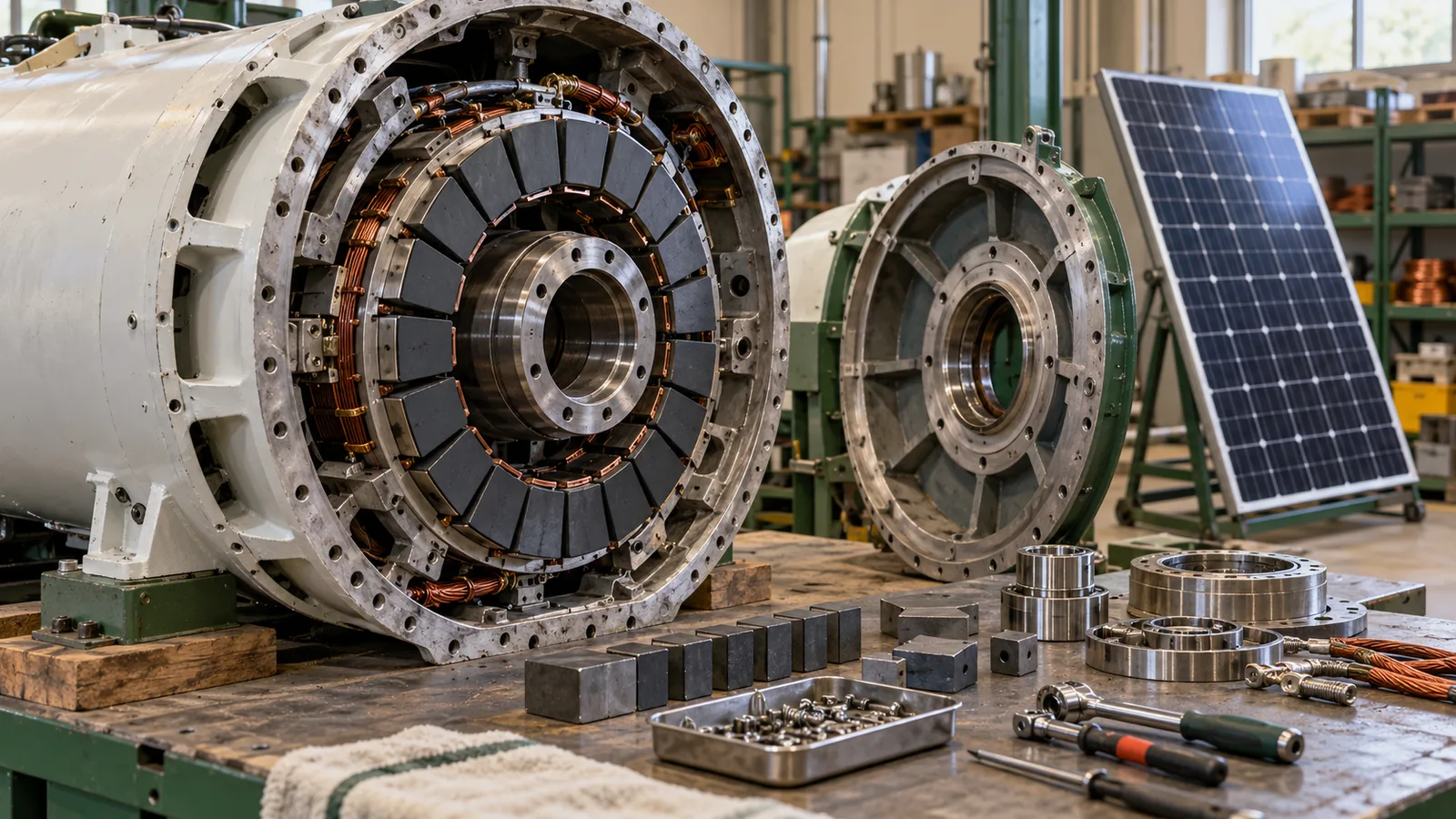 Öppnad generator med en ring av magnetsegment, lösa metalldelar och en solpanel i en verkstad.