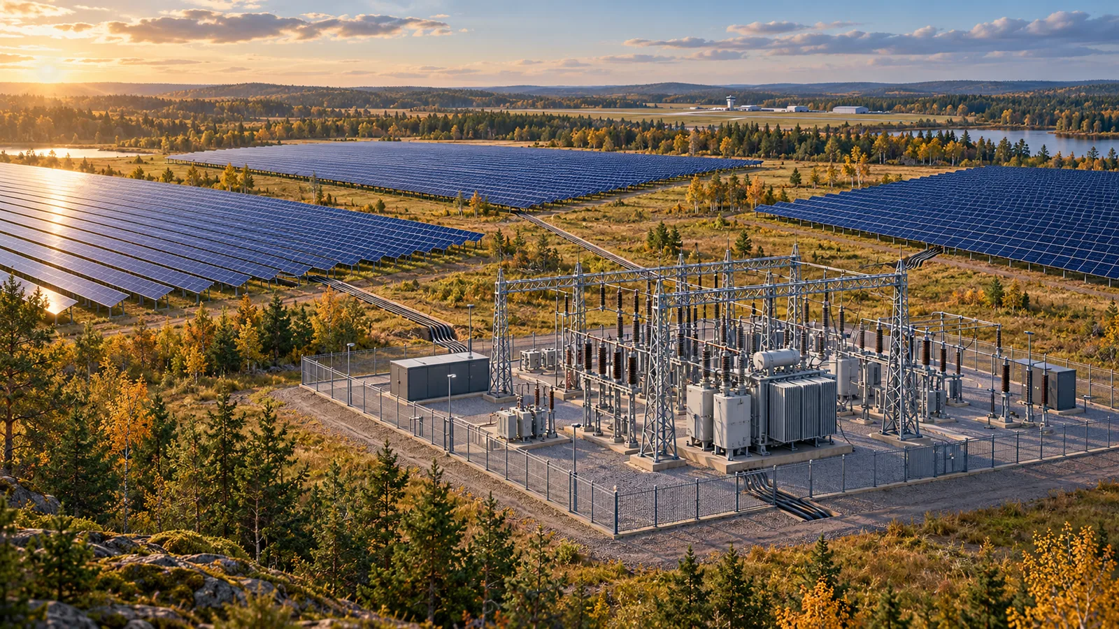 AI-illustration av en fiktiv transformatorstation intill tre stora solparker i ett svenskt landskap.