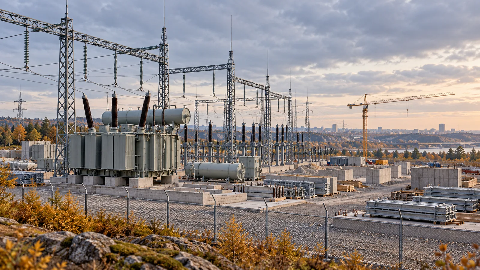 AI-illustration av en fiktiv transformatorstation som byggs i ett stadsnära industriområde.