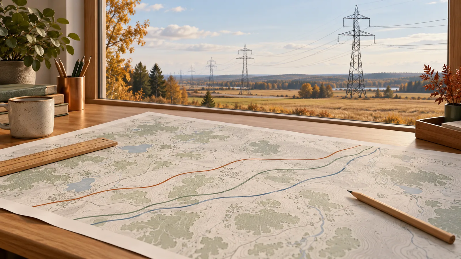 En fiktiv ritning med alternativa ledningskorridorer ligger på ett bord framför ett fönster mot kraftledningar.