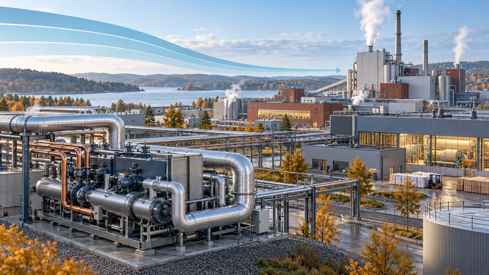 Fiktivt industriområde med värmepumpsutrustning, isolerade rör och fabriksbyggnader i höstljus.