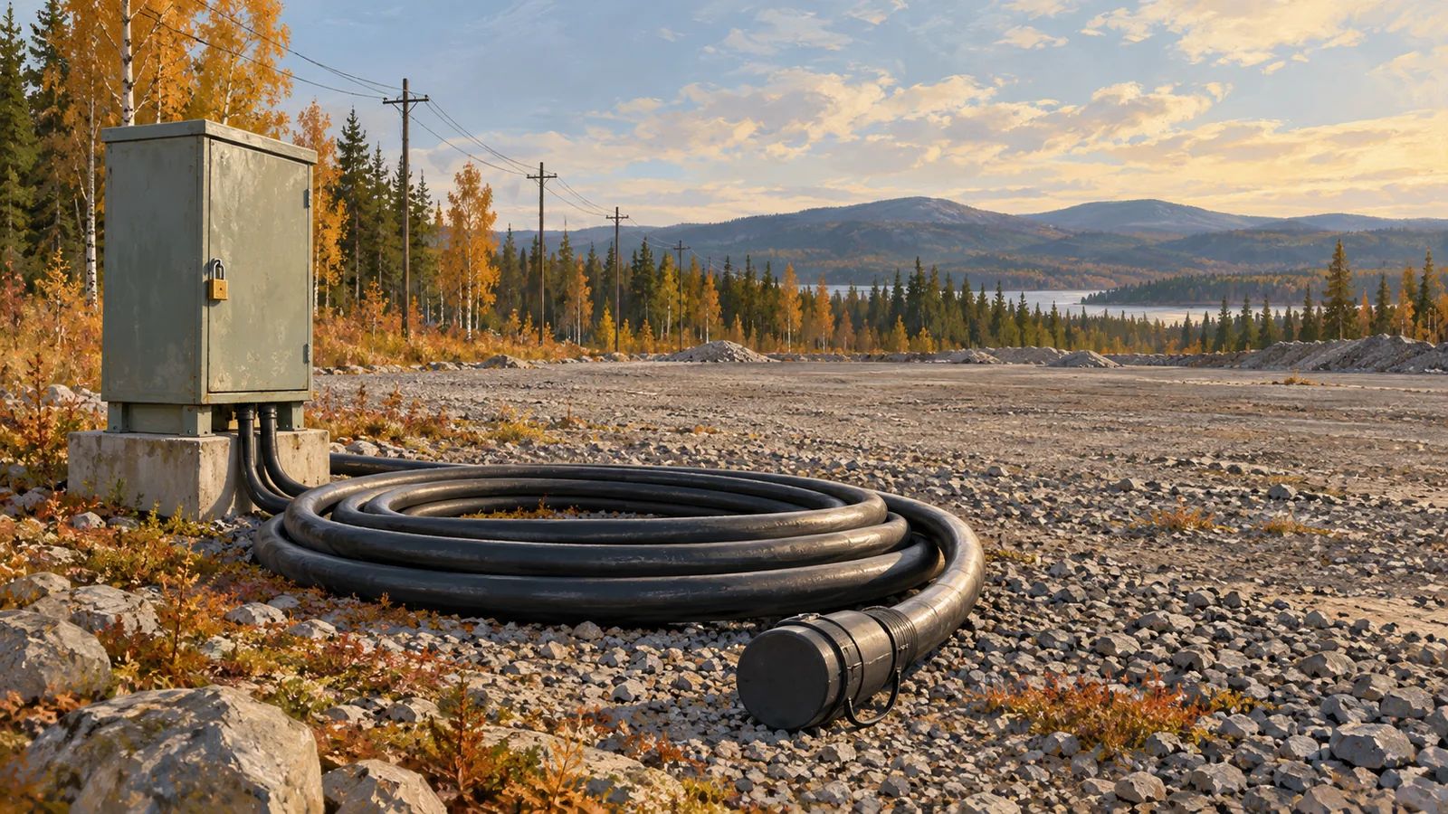 Fiktiv industrimark med ett låst elskåp och en hoprullad, försluten kraftkabel i höstlandskap.
