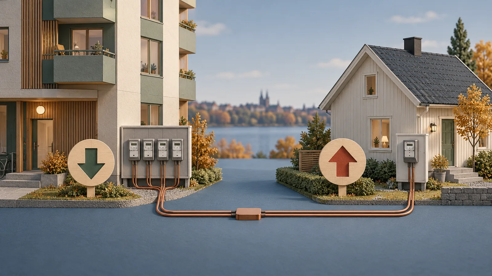 Illustration av ett flerbostadshus och en villa med elmätare samt symboler för lägre och högre nätkostnad.