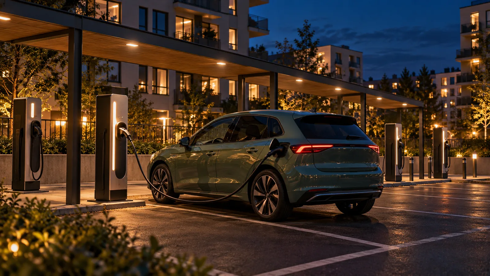 Elbil ansluten till en ensam laddkabel vid en fiktiv urban parkeringsanläggning på natten.