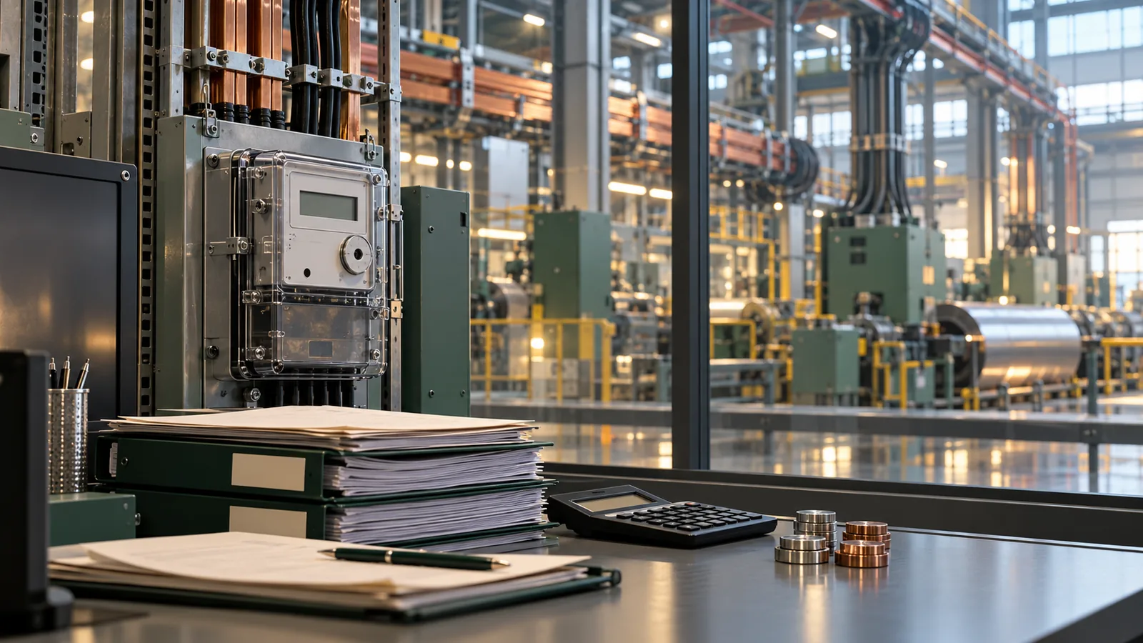 Illustration av elmätare, granskningsmappar och maskiner i en fiktiv industrimiljö.