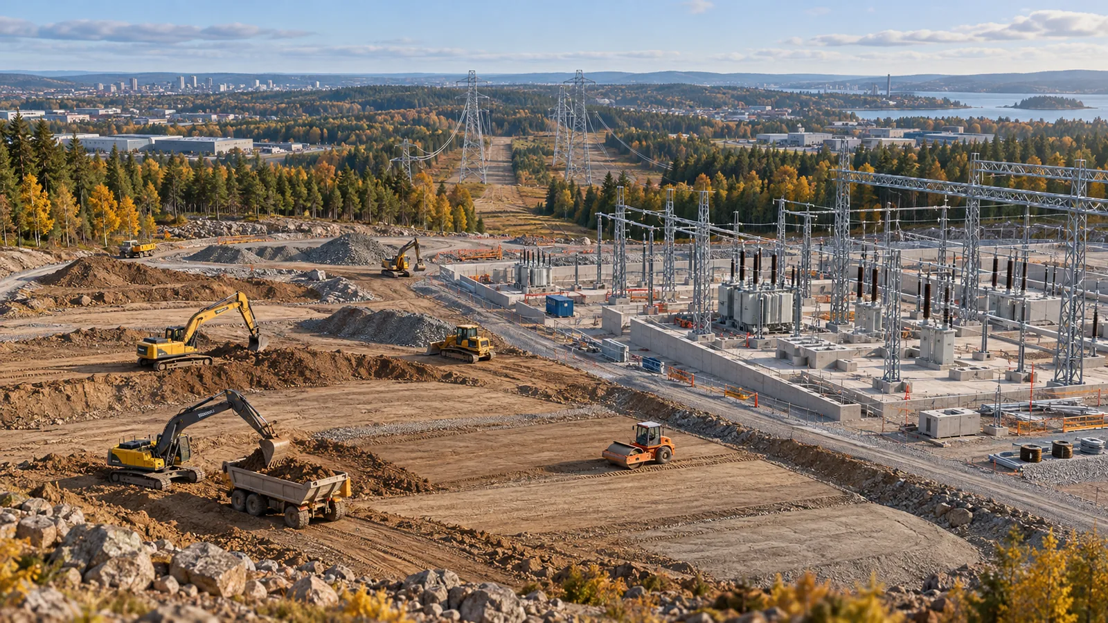AI-illustration av markarbete vid en fiktiv nätstation med dubbla kraftledningsstråk.