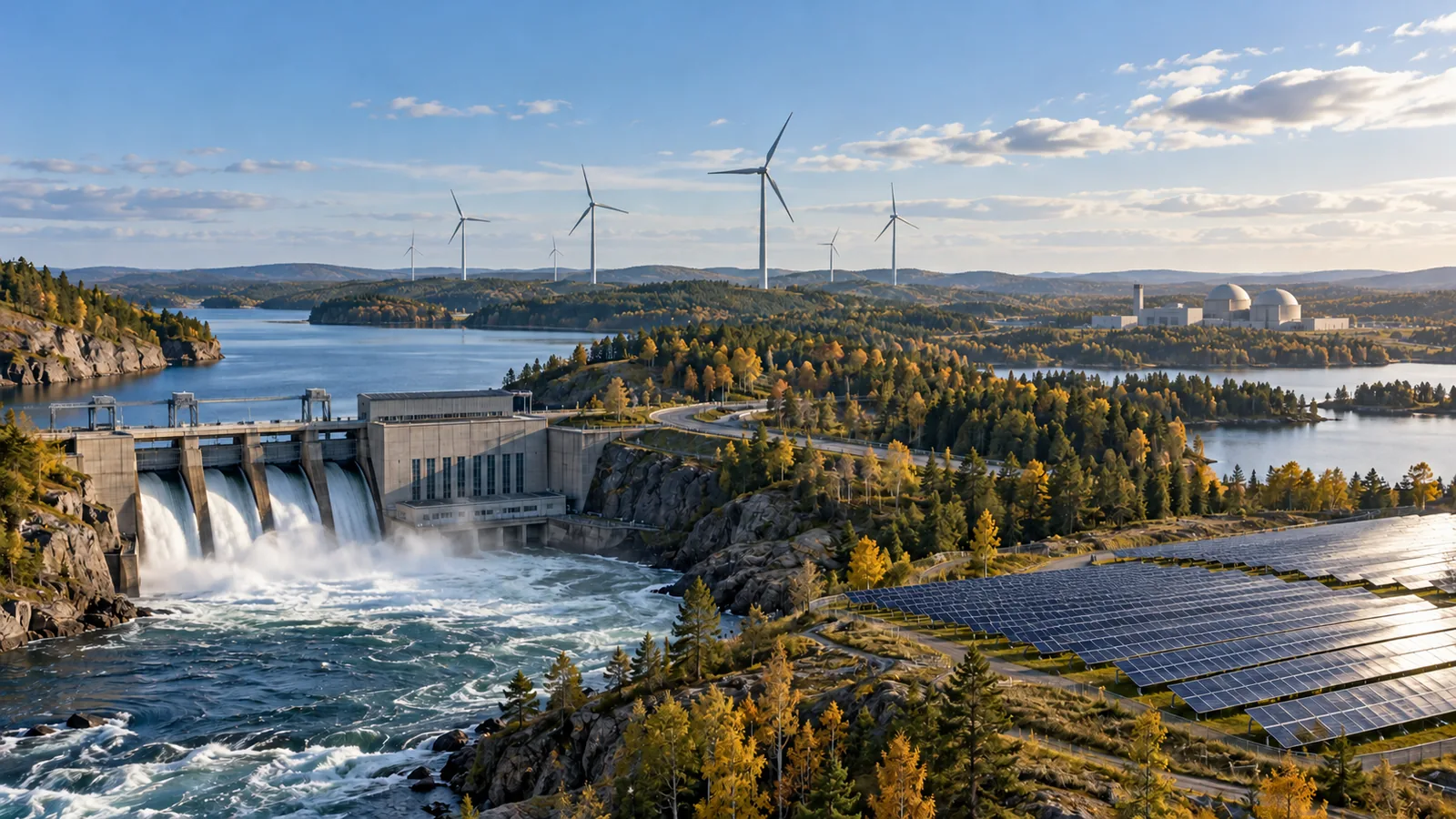 Illustration av ett fiktivt svenskt energilandskap med vattenkraft, vindkraft, kärnkraft och solceller.