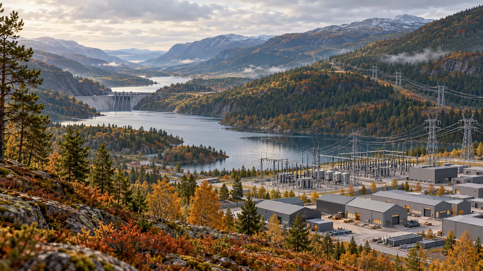 En fiktiv norsk dal med vattenmagasin, mindre industribyggnader, en transformatorstation och kraftledningar i höstlandskap.