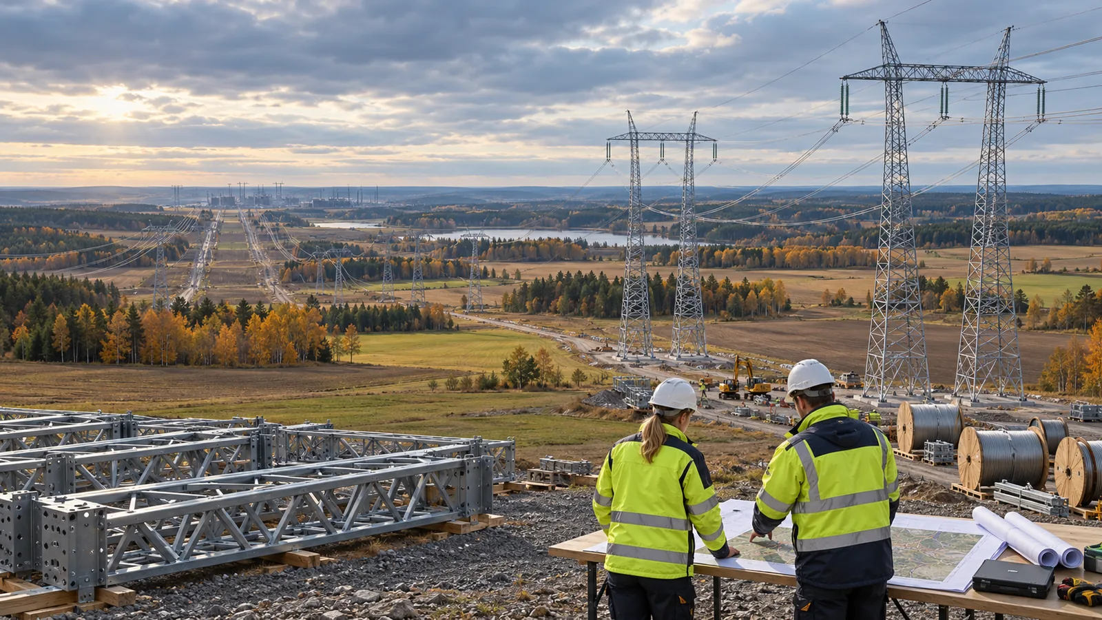 Två ingenjörer granskar ritningar framför ett fiktivt bygge av nya kraftledningar.
