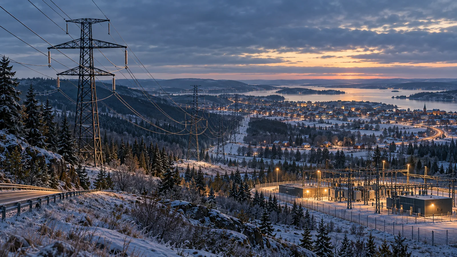 Kraftledningar för el genom ett snötäckt skogslandskap mot en upplyst stad och en fiktiv transformatorstation.